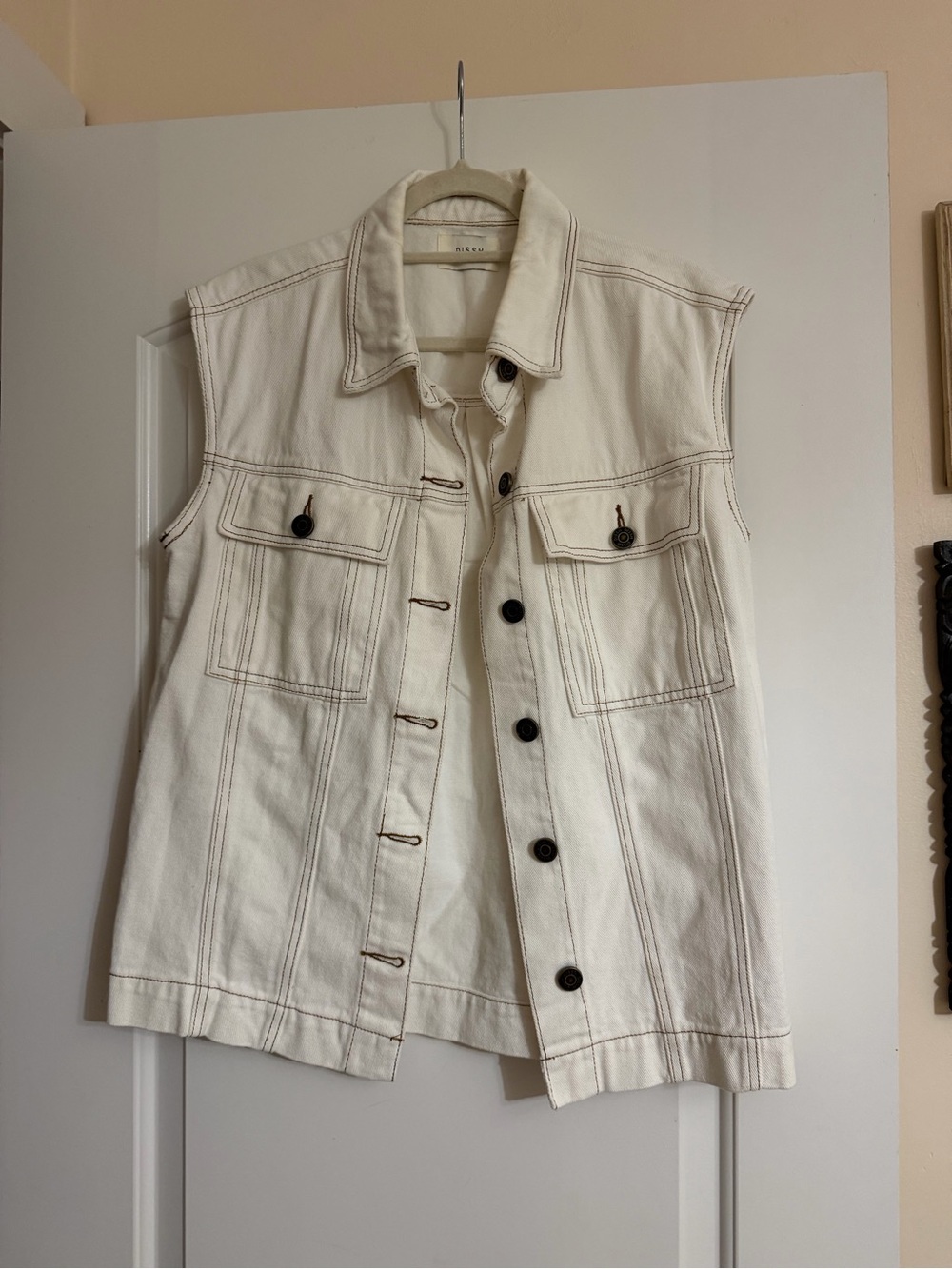 DISSH Ivory Sleeveless Denim Vest with Contrast Topstitching